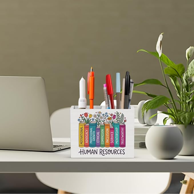 Human Resources Office Decor HR Office Decoration Human Resources Modern Floral Design Gifts for Women Wooden Pencil Holder, Law School Students Graduation Gifts Desk Decor