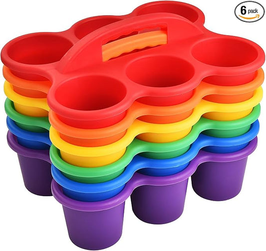 NINU 6 Pack Classroom Caddy Organizer with Handle, Plastic Drink Cup Caddy Holder, 6 Compartments for Kids, Table, Office, Arts, Crafts, Crayon, Marker, Pencil, School Supplies - 6Colors