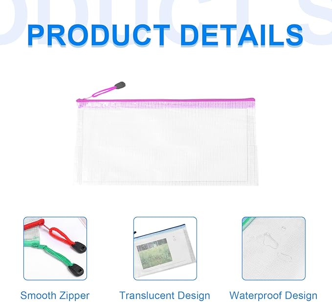 100 Pcs A6 Mesh Zipper Pouch Multipurpose Waterproof Pencil Bags 9.4" x 4.5" Small Mesh Zipper Pouches for School Office Supplies Organization, Multicolor Puzzle Bags 10 color