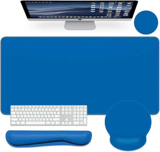 Dapesuom Large Gaming Mouse Pad, Mouse Pads with Wrist Rest Wrist Support, 4in1 XXL Desk Mat Desk Pad + Ergonomic Mousepad + Memory Foam Keyboard Mat Wrist Rest + Coaster Set for Computer, Dark Blue