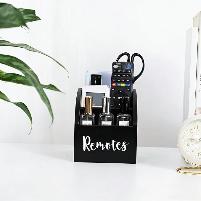 BONNY DODO Remote Control Holders Organizer Box for Table Black Small Wooden Desk Farmhouse Home Decor Caddy Basket Store Tv Remote for Media Player,Pencil,Glassees&Office Supplies (Black, S)