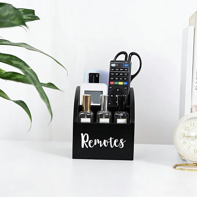 Rustic Vintage Wooden Desk Organizer Farmhouse Wood Remote Control Caddy, 3 Slot Tabletop Desktop Office Supply Storage Rack Desktop TV Remote Control Holder Home Decor Office Supplies Storage (Black)