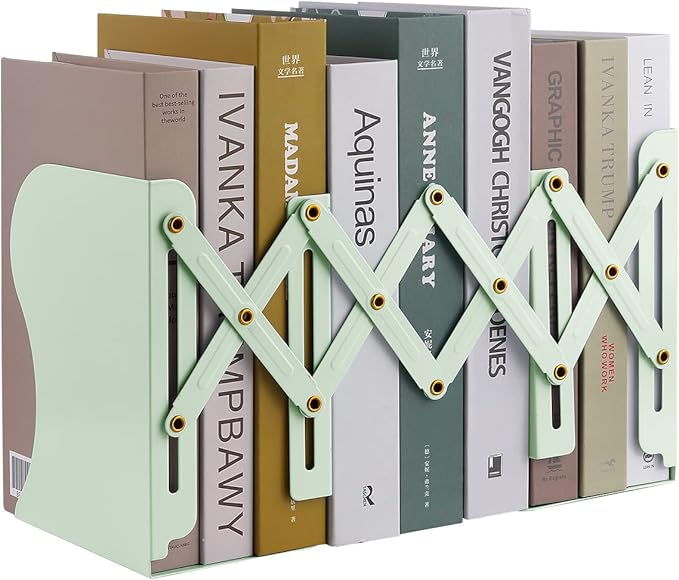 MSDADA Adjustable Bookends, Book Ends for Heavy Books, Expandable Book Organizer for Desk, Shelf, Office, School, for 6 7 8 9 10 11-15 Boys and Girls, Extends up to 19 inches (Macaron Green)