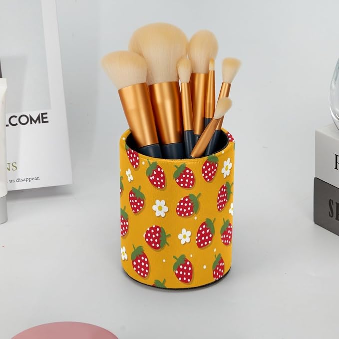 Strawberry Daisies Pen Holder Pencil Organizer Cute Pencil Cup Desk Decor Makeup Brush Holder PU Multifunctional Office Supplies for Home Classroom School