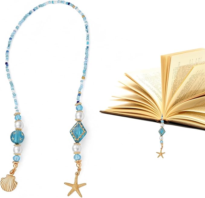 Seashell Starfish Beaded Bookmark - Ocean Blue Beads Book Mark for Women, Unique Coastal Aesthetic Accessories Bookish Gifts for Booklovers Students Teachers