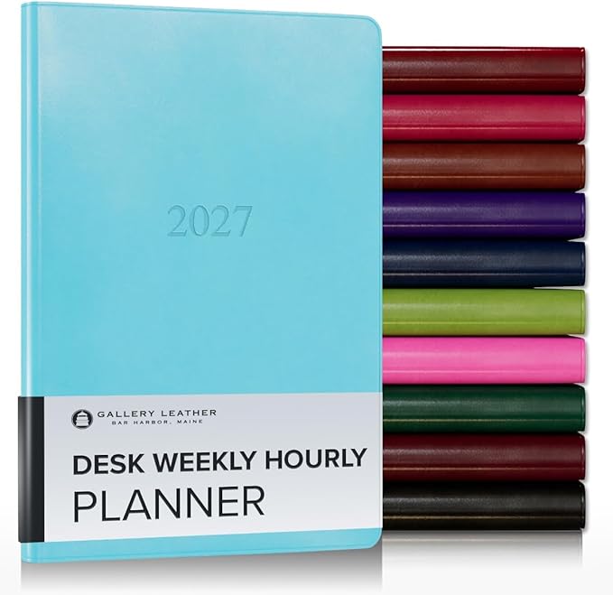 Gallery Leather Desk Hourly Weekly Monthly Planner 2027, Elegantly Bound Calendar Planner and Notebook with Stylish Gold-Gilded Page Edges, 12 Months - Acadia Pool - 8x5.5"