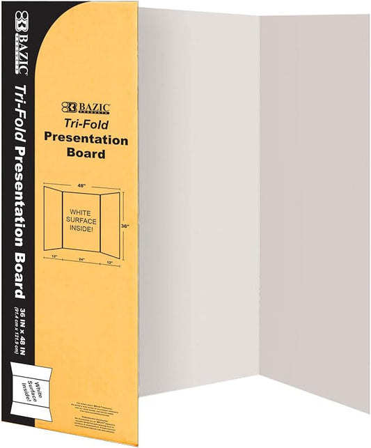 BAZIC Products White Tri-Fold Presentation Board, 36 x 48 in, Corrugated, for Science Fair Displays