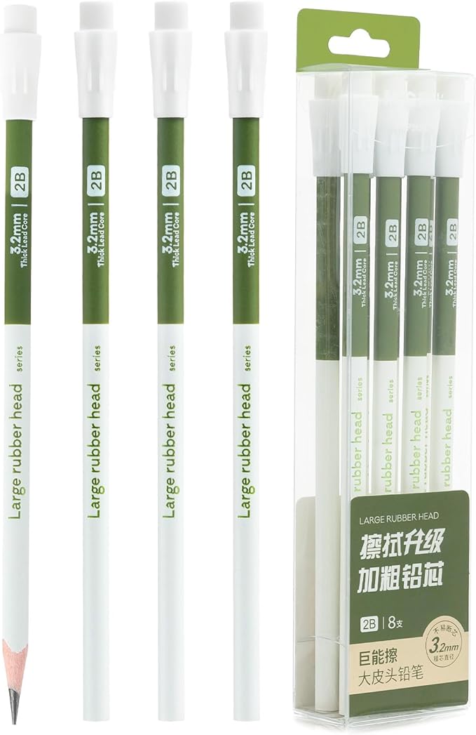 M&G 8 Pack 2B Triangular Wood-Cased Pencils, 3.2mm Thick Lead, Unsharpened with Extra Large Erasers, Balanced Ergonomic Grip for Student Exam Daily Writing, School Office Classroom Use