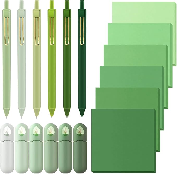 Sayglossy 18 Pcs Aesthetic School Supplies Christmas Green Gifts Set for Women Self Sticky Notes Black Ink Ballpoint Pens Correction Tape for Office Stationery Holiday Cute Desk Accessories