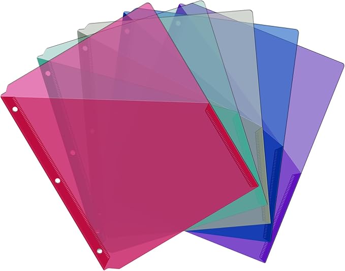 Maitys 5 Pack Binder Pockets 3 Hole Punch Clear Plastic Document Folders Binder Organizer Store Letter Size 8.5 x 11 Inch Paper Folders with Pockets Slash File Jacket for Office(Dark Color)