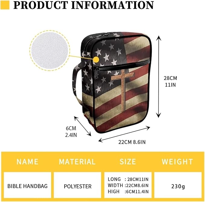 Suobstales Cross American Flag Print Bible Cover Bible Case for Women Men Lightweight Carrying Book Cover Church Bag Bible Protective Bag with Handle and Zippered Pocket