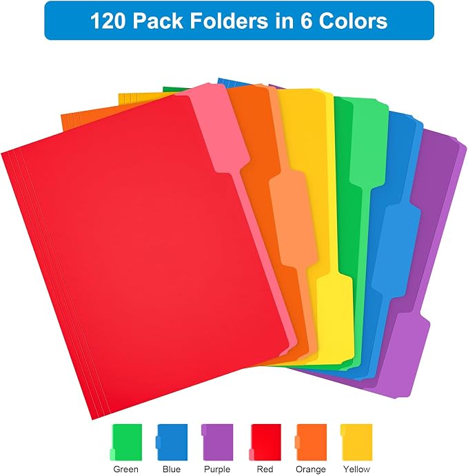 HABGP 120 Pack Manilla Folders 8.5 x 11 Inch, 1/3-Cut Tab Colored File Folders Letter Size, Paper File Folders, Manila Folders Home Office School Supplies for Documents Files, Assorted 6 Colors