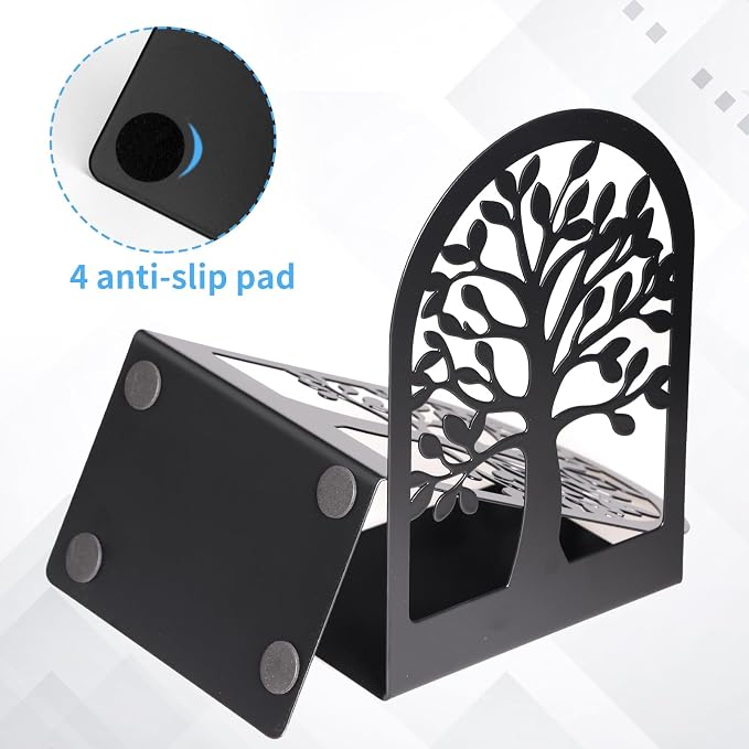 EOOUT Bookends for Shelves Decorative, 5 Pairs (10 Pack) of Tree Bookends Supports, Black Metal Book Stoppers for Heavy Books, Heavy Duty Book Ends for Home Office School.