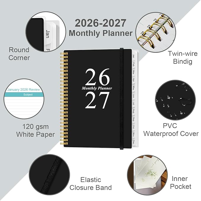 2026-2027 Monthly Planner - 18 Monthly Calendar, January 2026 - June 2027, Two Pages Per Month, 9" x11" Planner with Tabs, Strong Twin-Wire Binding, Inner Pocket, Black
