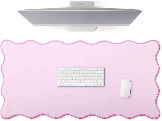 Hahafelt Scalloped Desk Mat Large Desk Pad Cute Coquette Table Mat Back to School Preppy Table Make up Pad Nonslip Graduation Gift with Stitching Waterproof Gaming(Pink,36 x 17 Inches)