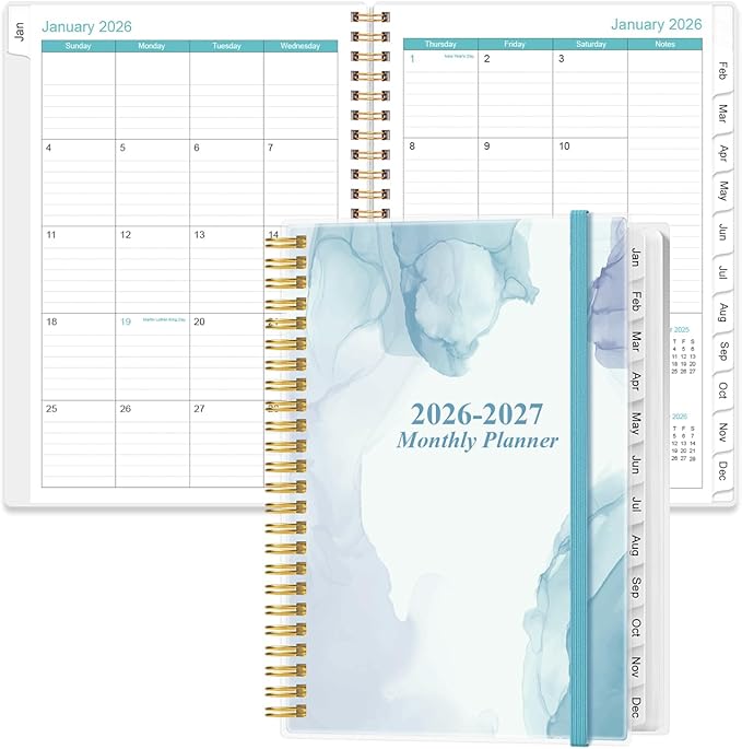 2026-2027 Monthly Planner - January 2026 - June 2027, Two Pages Per Month, 18 Monthly Calendar/Planner with Tabs, Inner Pocket, 6.4" x 8.5", Blue Watercolor