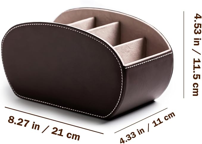 PU Leather Multi-Functional Office Organizar Box Remote Control Holder Desk Storage Suppliers Caddy Table with 5 Compartment Store TV Remote, Brush, Pencil, Glasses, Media Player (Dark Brown)