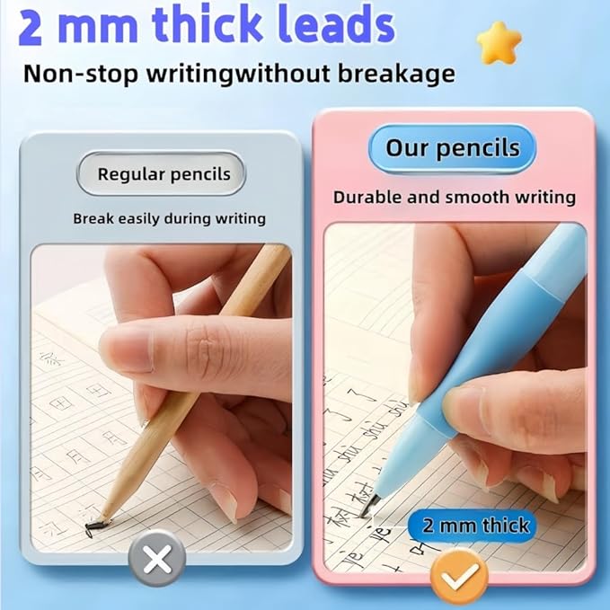 Handwriting thick mechanical pencils with grip: 2.0MM HB Pencil for kids with 14 leads (6 pack red)
