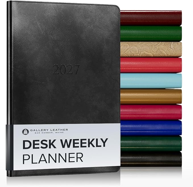 Gallery Leather Desk Weekly Monthly Planner 2027, Elegantly Bound Calendar Planner and Notebook with Stylish Gold-Gilded Page Edges, 12 Months - Acadia Black - 8x5.5"