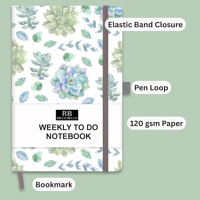 RICCO BELLO Undated Weekly Planner To Do Notebook | Hardcover, for Work, School, Home with Pen Holder, Bookmark, Band Closure, Storage Pocket, 5.7 x 8.4 Inches (Succulents)