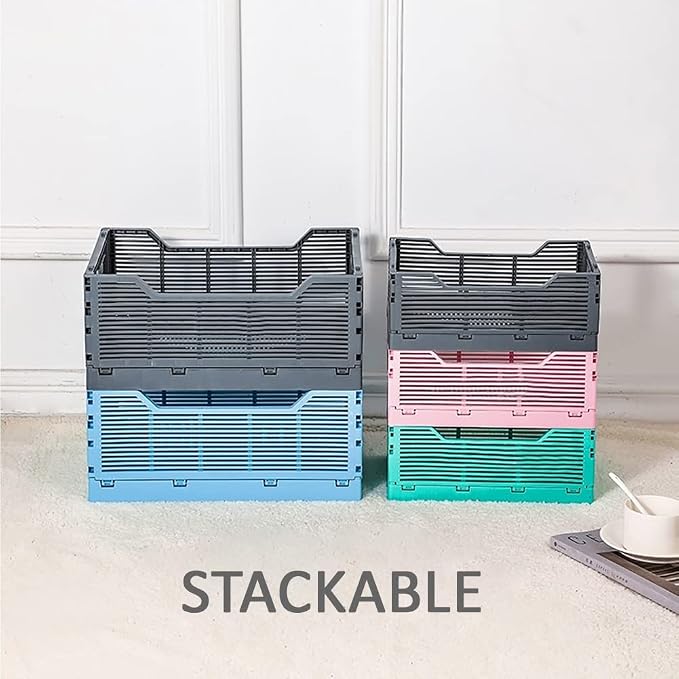 OnDisplay Stackable Folding Desk/Beauty/Closet Storage Crate - Foldable Space Saving Bins for Home Kitchen Classroom Office Vanity Bathroom Pantry (3pk Medium - With Letters, Blush Pink)