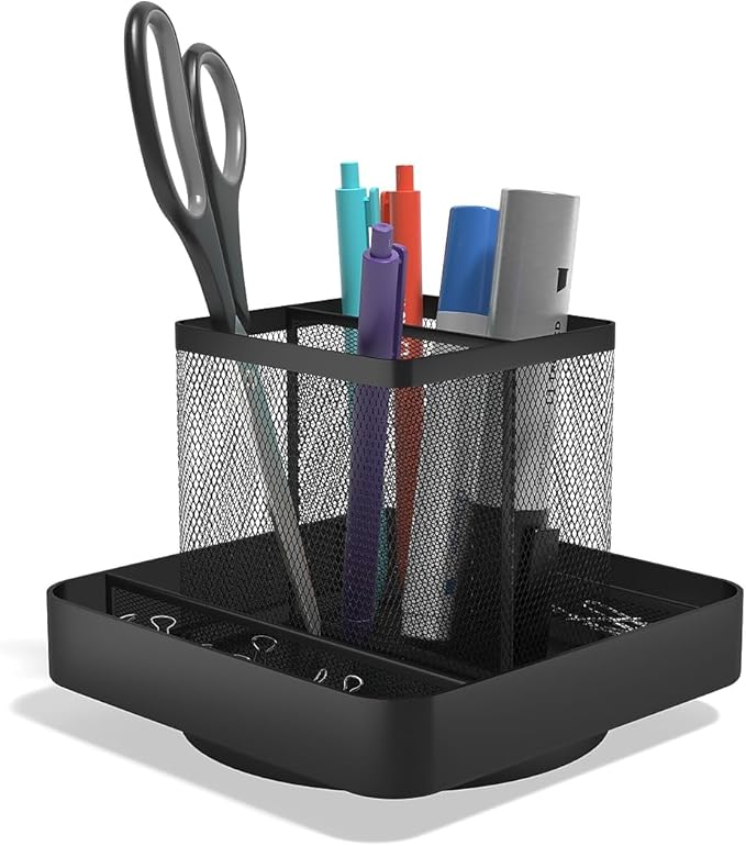 TRU RED Wire Mesh Rotating Desk Organizer, 6‑Compartment – 360‑Degree Desktop Storage for Office Supplies