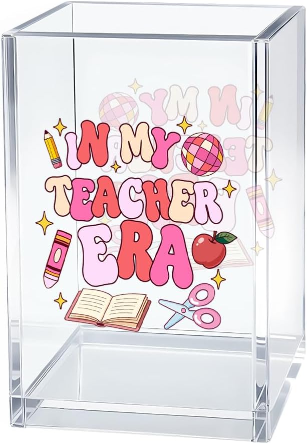 In My Teacher Era Acrylic Pen Holder Cosmetic Organizer, Funny Education Pencil Pen Holder for Desk, Desk Accessories Teacher Appreciation Gifts, Back To School Organizer for Education Scholar