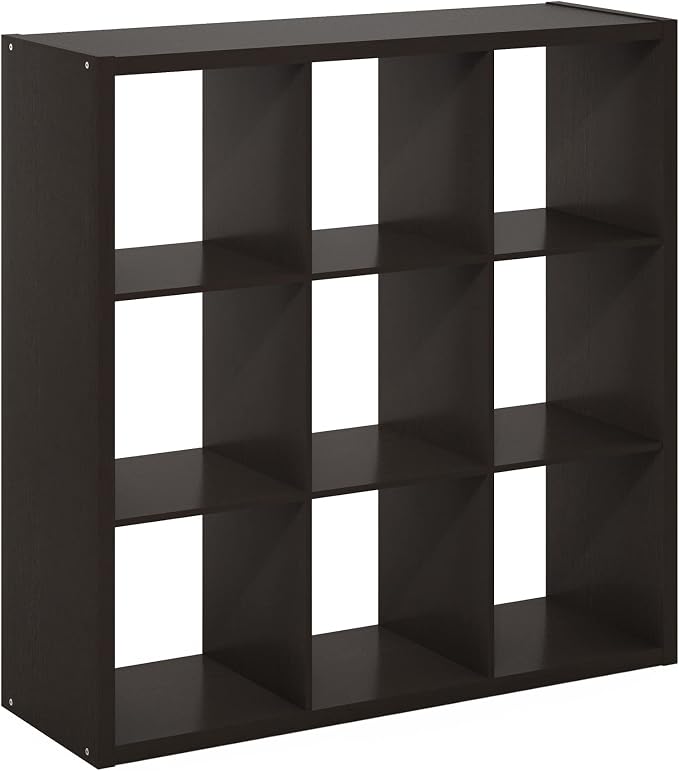 Furinno CUBICLE Book Shelf, 9-Cube Bookshelf, Extra Thick Frame Reversible Bookcase with Open Back, 14.6" x 44" x 44", for Living Room, Bedroom, Home Office, Black Dark Oak