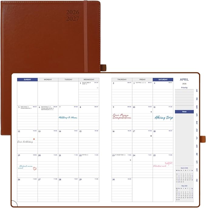 POPRUN Monthly Planner 2026-2027，8.25" x 11.75" Large Calendar Planner, 16 Months (Apr 2026 - Jul 2027) Monthly Calendar & Appointment Book with Stair Tabs, Inner-pocket, Pen Holder, PU Leather - Brown