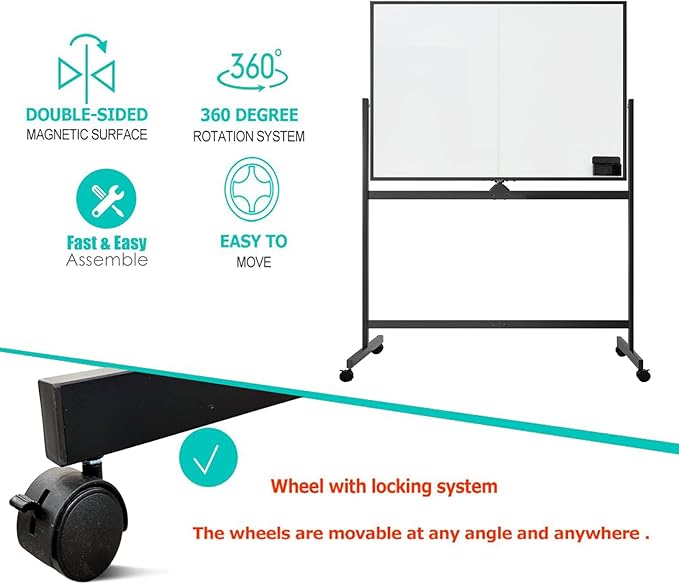 BIBOC Rolling Stand White Board 32×48 Inches, Double Sided Mobile Dry Erase Board with Aluminum Frame, 360° Rotating Dry Erase Whiteboard for Home Office Classroom (WHITEBOARD, 32×48 inches)
