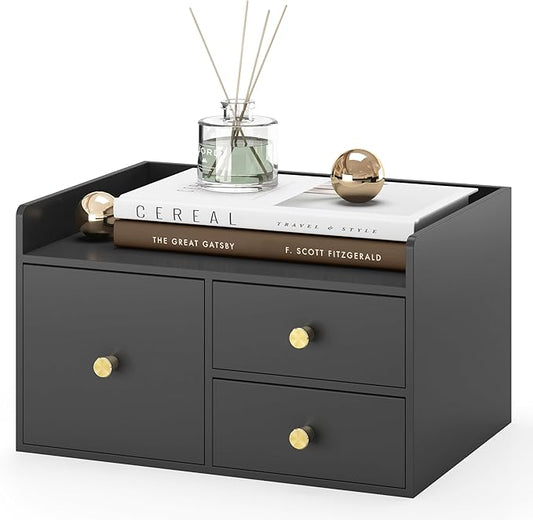 Bamboo Desk Organizer with Drawers Wooden Desktop Storage Organization Box for Bills Office Supplies Kitchen Utensils Organizing Tool for Home Classroom Vanity, No Assembly Required (Black, 3 Drawers)