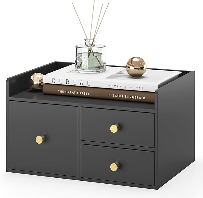 Bamboo Desk Organizer with Drawers Wooden Desktop Storage Drawers (1, Black 3 Drawer)