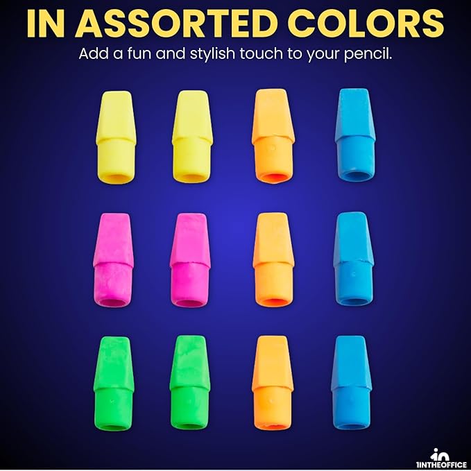 1InTheOffice Pencil Cap Erasers, Assorted Colors, Arrowhead Caps Tops Eraser, Eraser Cap for Art, Pencil Cap Set, 12 Pack (Assorted Colors, 36 Pack)