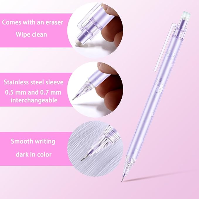 6Pcs Cute Purple Cherry Blossom Mechanical Pencils 0.5mm&0.7mm Mechanical Pencil Kawaii Pencils School Pencil for Students Women Office School Suppies