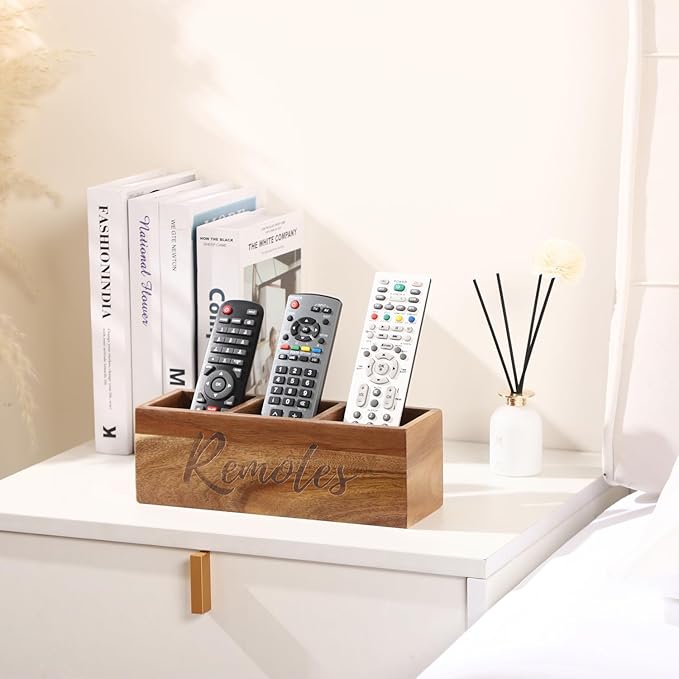 Remote Control Holder, Acacia Wooden Pencil Holder TV Remote Holder with 3 Compartments, Remote Caddy for Table, Small Desktop Organizer for Home Office