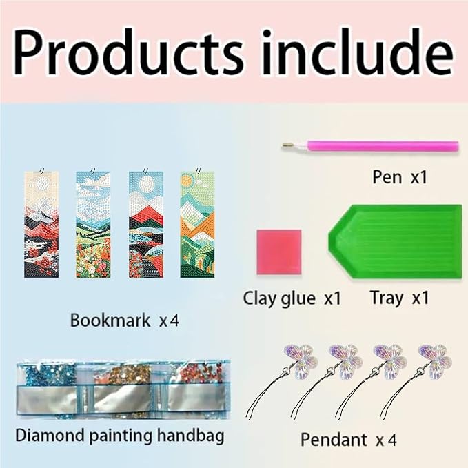 4PCS Natural Scenery Diamond Painting Bookmark DIY Diamond Art Kits for Adults, Acrylic Diamond Art Bookmarks with Pendant for Book Lovers