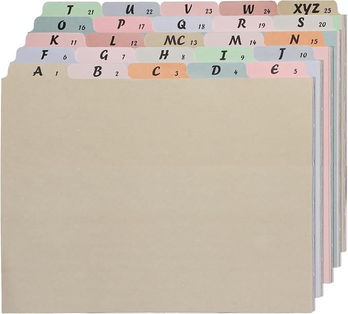 1 Set A-Z Alphabetic and Number Top Label Files, Legal Size, 25 Sheets File Dividers 1/5 Cut Label File Cabinet Dividers Desk Organizer for Office, Home and School (Classic)
