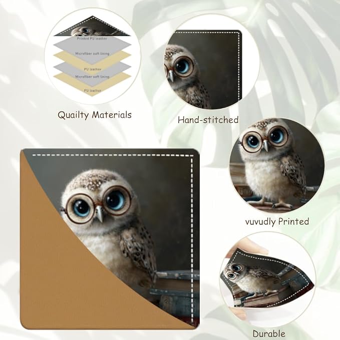 2PCS PU Leather Bookmarks 3.5x3.5 Inch Owl with Glasses Book Design | PU leather bookmarks for books with cute owl glasses design for classroom reading, library study, young readers and teachers.