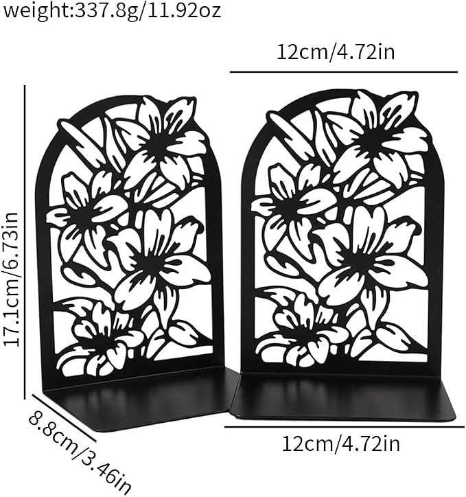 Book Ends, Bookends, Book Ends for Shelves, 2Pair Non Skid Metal Book Divider Decorative Holder, Abstract Art Desgin Book Stopper Supports for Office, Home (Floral)
