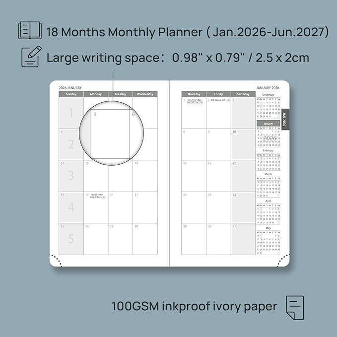 POPRUN Pocket Monthly Planner 2026-2027 (Pocket- 4''x 6.25'' Soft Leather Cover) - 18 Month Calendar Book for Purse (Jan.2026 - Jun. 2027), 100 GSM Thick Paper - Burgundy