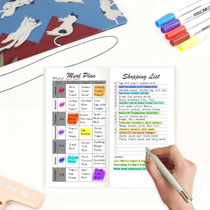 Pocket Planner Notebook, Meal Planner Refills with Shopping List, 30Sheets, 8.25"x4.25" Regular TN Journal Notebooks for Food Journal & Diet, Travelers Notebook Insert for Healthy Eating