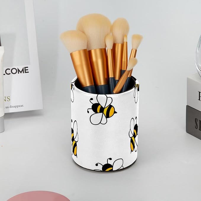 Flying Bees Pen Holder for Desk, Pencil Holder Desktop Organizers Stationery Supplies Storage, Cute Pencil Cup for Makeup Brush/Art Supplies, Office, Home, Leather