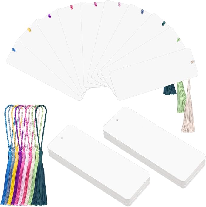 WANDIC 60 Pcs Blank Bookmarks, White Bookmarks with 60 Pcs Colorful Tassels Thick Cardstock Paper Bookmark with Hole for DIY Craft Supplies Gift Tags Book Decor