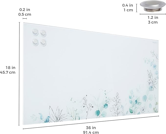 ECR4Kids MessageStor Dry-Erase Glass Board and Magnets, Office Essentials, Botanical