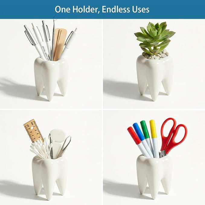 ComSaf Glazed Ceramic Tooth Pen Holder, Cute Molar Shaped Pen Cup - Dental Office Desk Organizer, Dentist Hygienist Graduation Gift, Funny Tooth Desk Accessories for Women Men, Small Succulent Planter