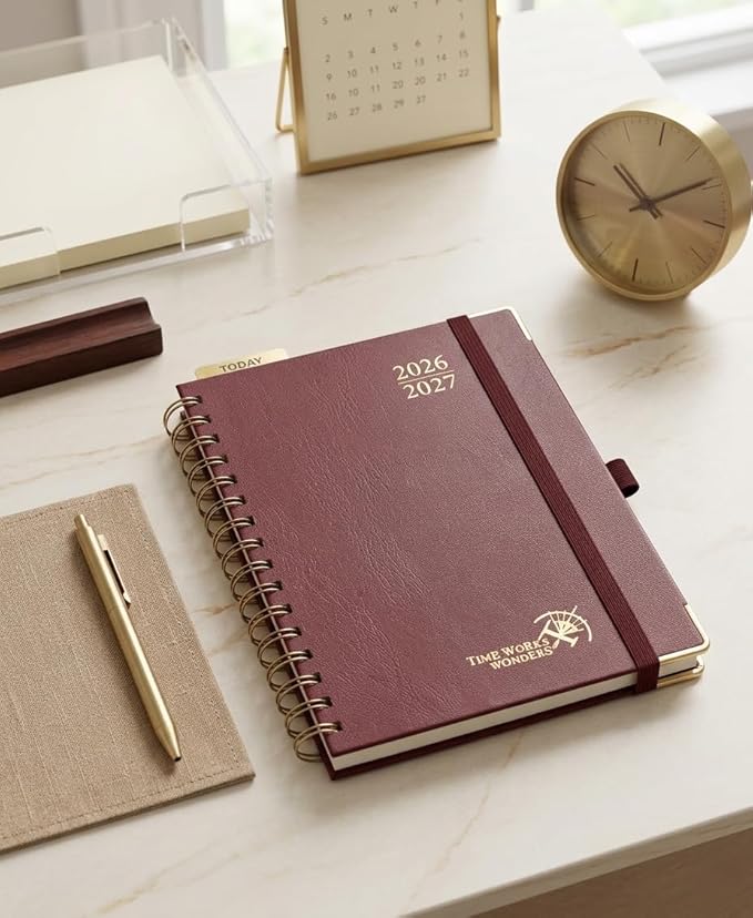 POPRUN 2026-2027 Academic Year Weekly and Monthly Planner Calendar,Jul 2026 - Jun 2027，6.25" x 8.5",Daily Agenda Book & Appointment Book with Hourly Schedule, Tabs, Hardcover, School and Office Supplies - Burgundy