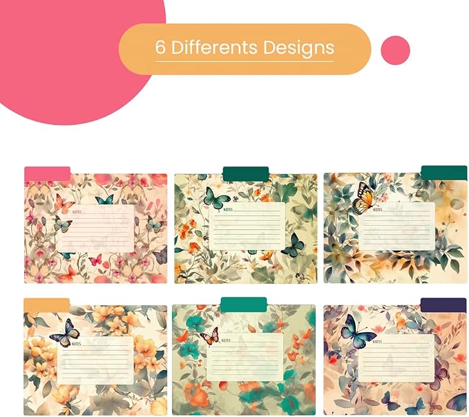 12pcs Decorative File Folders Letter Size, Butterfly Design Folders with Notes, Cute File Office Folders with Floral Patterns, 1/3 Cut Tab, Matte Paper Archival File Folders