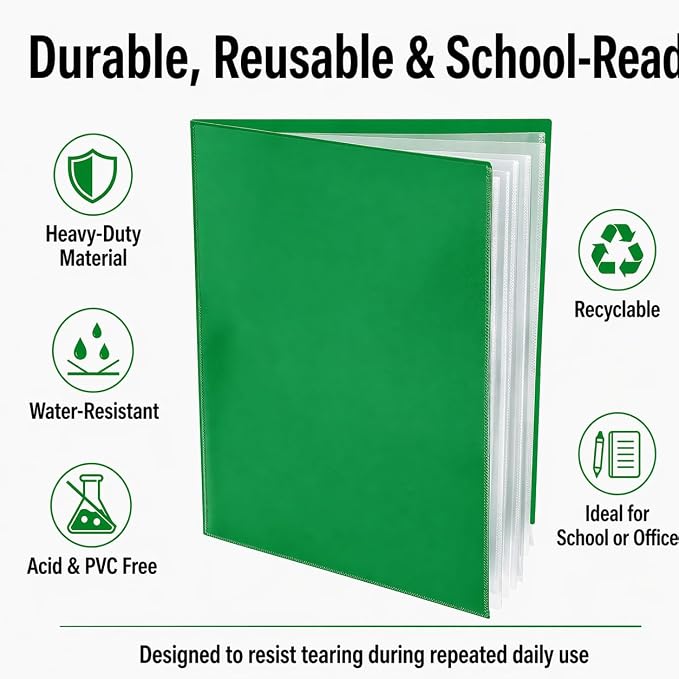 Ultra PRO - 50 Pack Green Heavy Duty 2-Pocket Folders with 6 Clear Internal Pages, Waterproof Poly Project Organizer for School and Office, Fits 8.5 x 11 Letter Size, Customizable Clear Covers