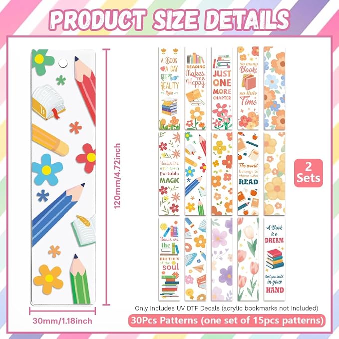 Peacoblue 30pcs UV DTF Bookmarks Transfer Stickers Wraps Flowers and Quote for Women Men Reading, Waterproof Bookmarkers Decal(No Blank Bookmarks) for Acrylic Plastic Metal Blank Bookmark