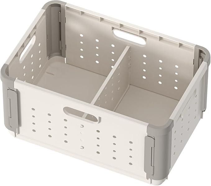 Plastic Folding Storage Baskets with Divider, 42L Collapsible Storage Crates with Handles, Stackable Heavy Duty Versatile Box Organizers for Clothes, Books, Snacks, Shoes and Grocery